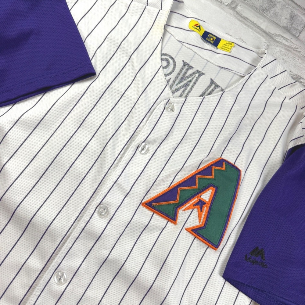 Majestic Vintage Baseball Jersey Mens L White Purple Pinstripe Diamondbacks Y2K
